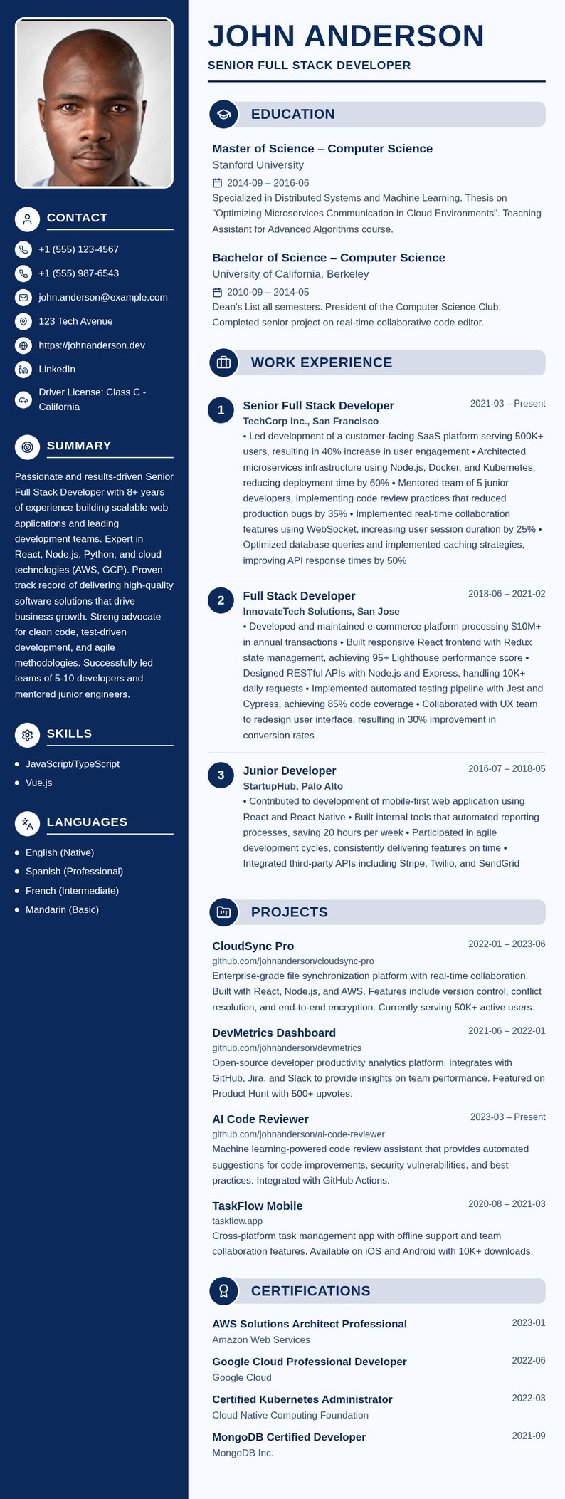 Navy Sidebar Pro resume template